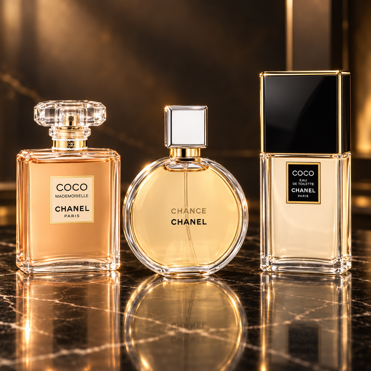 Chanel: Coco Mademoiselle Intense, Chance Eau De Parfum (donna) 35 ml, Coco Eau De Toilette 50 ml (donna) — scena su marmo nero