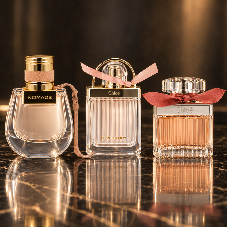 Chloé: Nomade, Love Story Eau De Toilette (donna) 50 ml, Roses de Chloé — scena su marmo nero