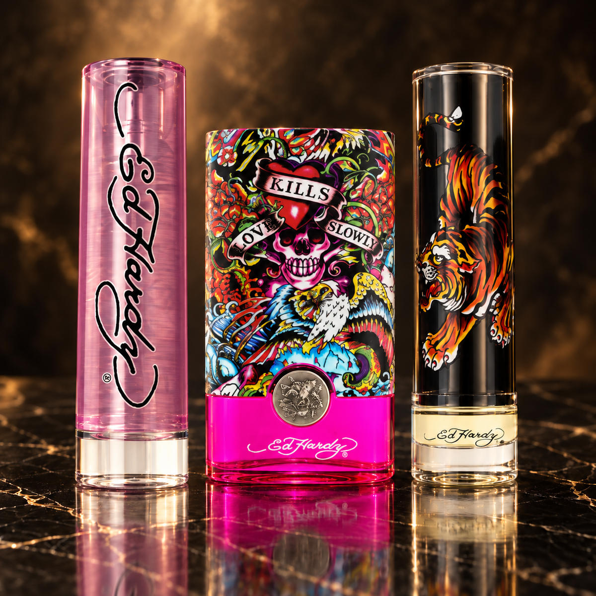 Ed Hardy: tre flaconi reali del catalogo su marmo nero
