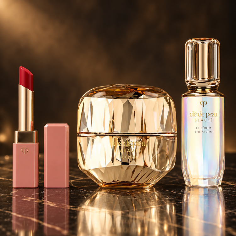 Clé de Peau Beauté: Lip Glorifier, The Cream, The Serum — scena su marmo nero