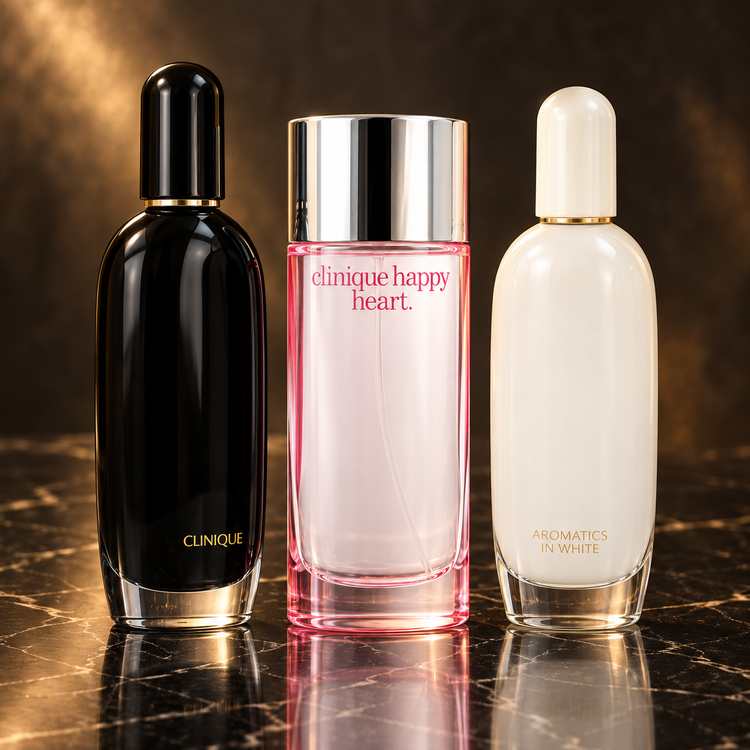 Clinique: Aromatics in Black, Happy Heart, Aromatics in White — scena su marmo nero