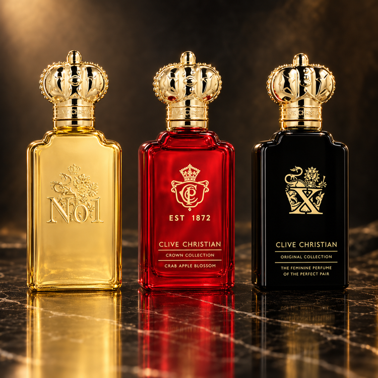 Clive Christian: No. 1 For Women, Crab Apple Blossom, X For Women — scena su marmo nero