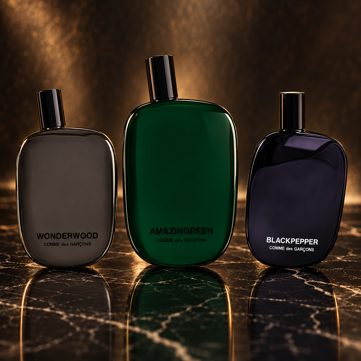 COMME des GARCONS: Wonderwood, Amazingreen, Blackpepper — scena su marmo nero