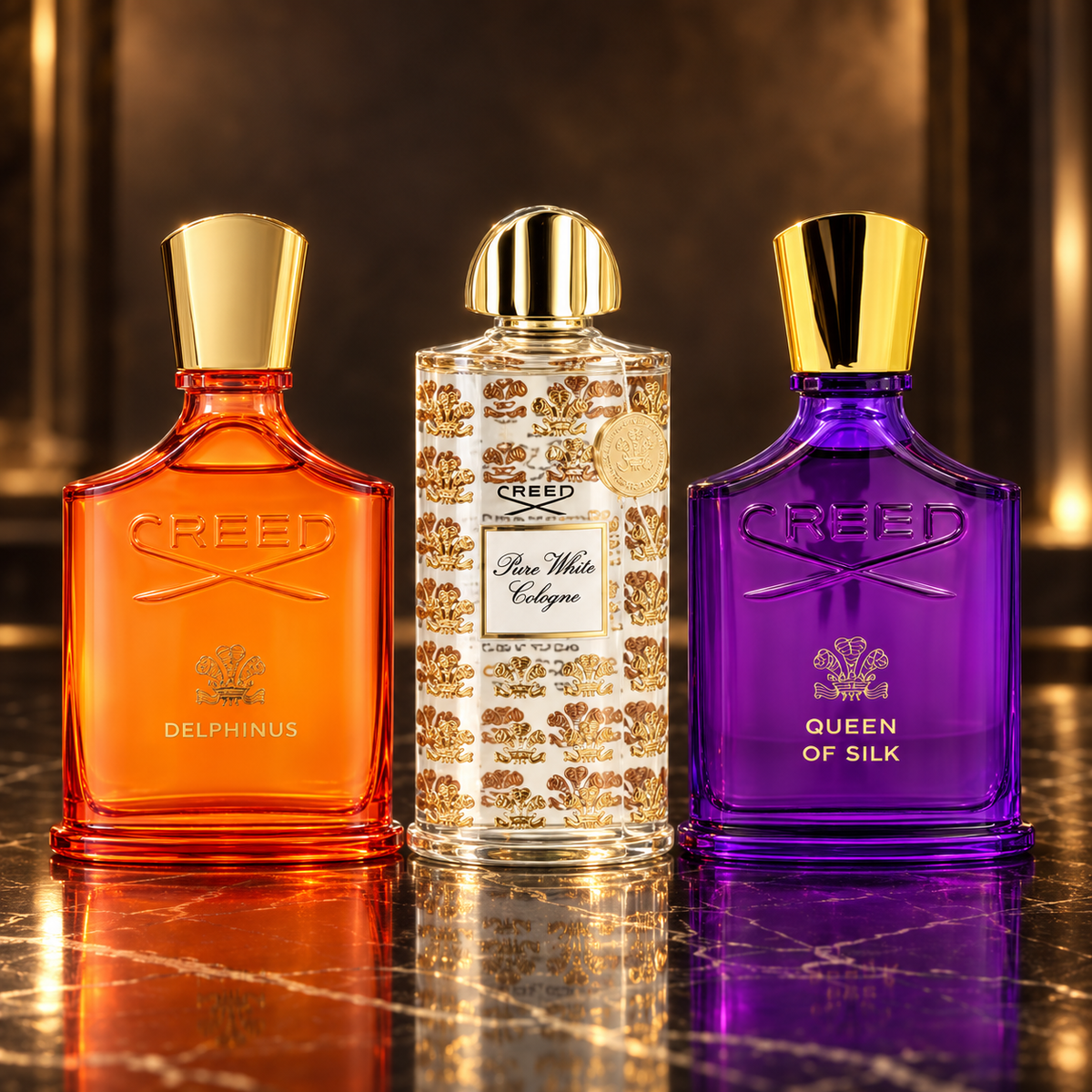 Creed: Delphinus, Pure White Cologne, Queen of Silk — scena su marmo nero