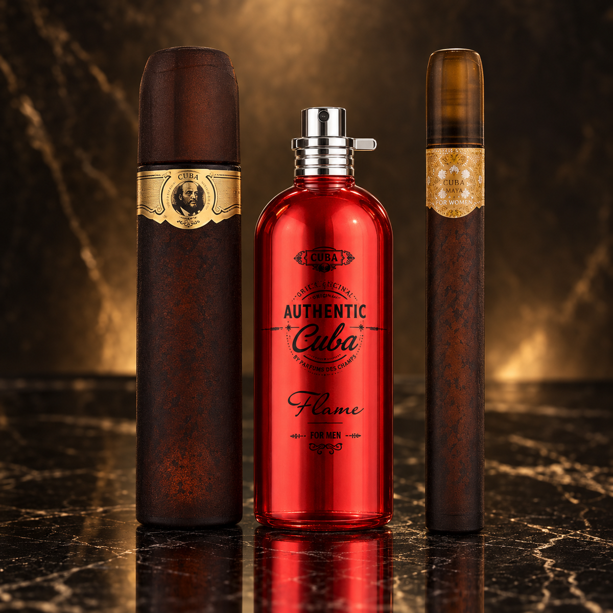Cuba: Gold, Authentic Flame, Maya for Women — scena su marmo nero
