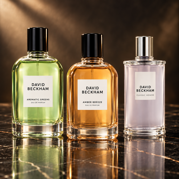 David Beckham: Aromatic Greens, Amber Breeze, Classic Homme — scena su marmo nero