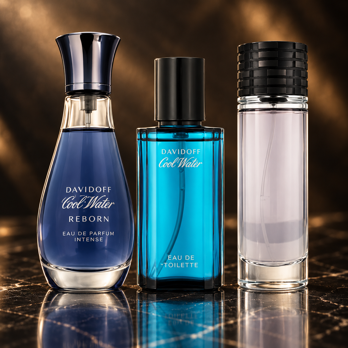 Davidoff: Cool Water Reborn For Her Eau de Parfum Intense, Cool Water for Men, The Game — scena su marmo nero