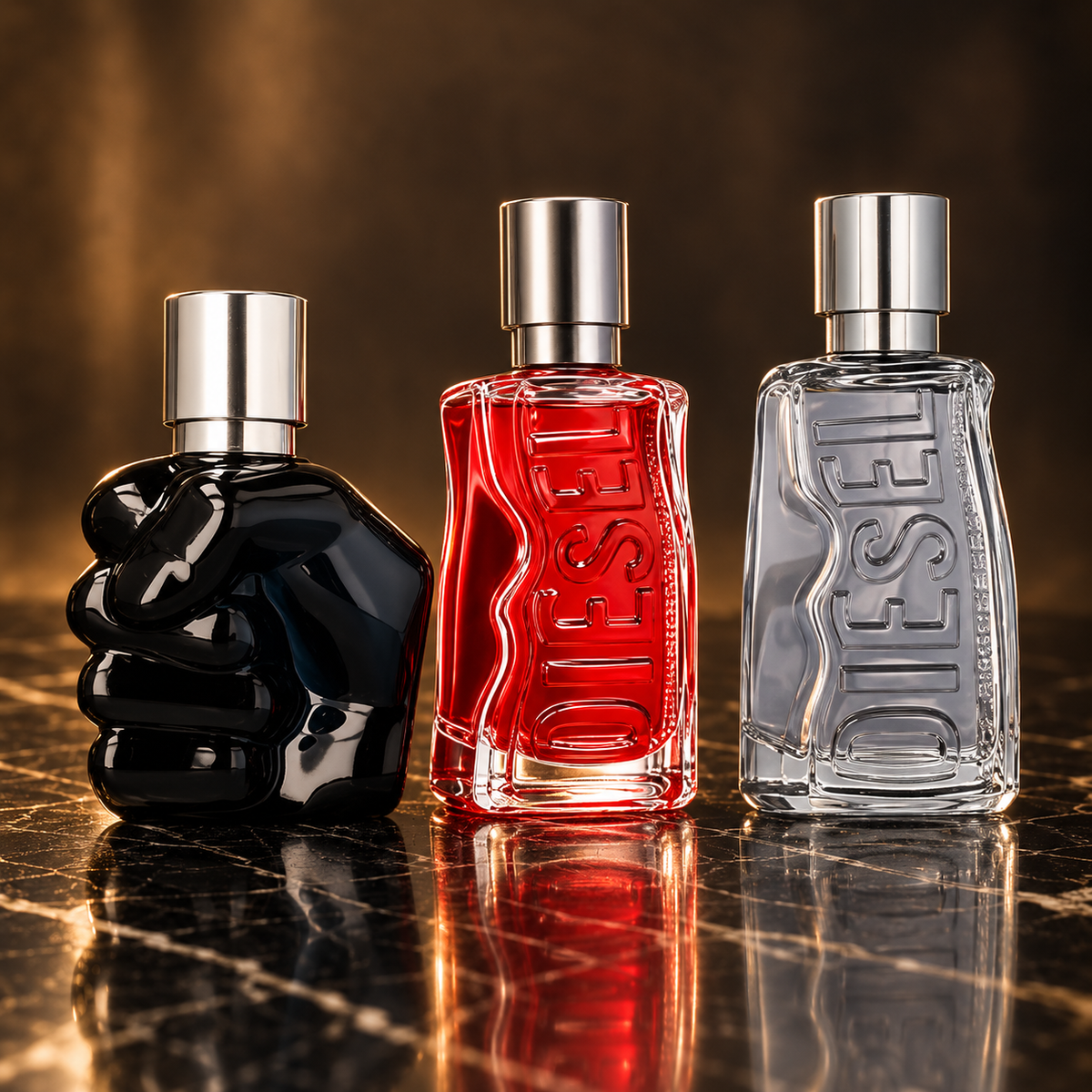 Diesel: Only The Brave Eau de Parfum, D Red, D by Diesel — scena su marmo nero