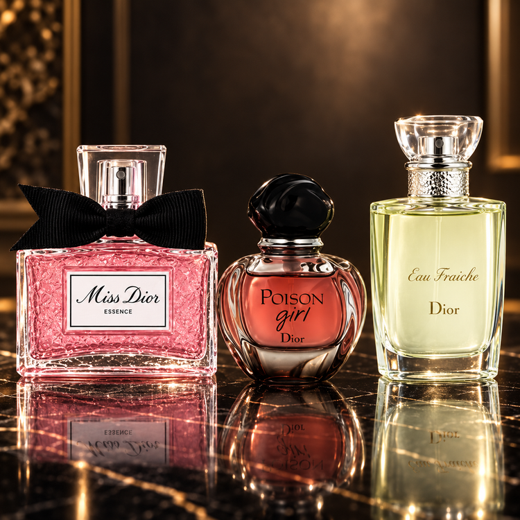 Dior: Miss Dior Essence, Poison Girl, Eau Fraîche — scena su marmo nero