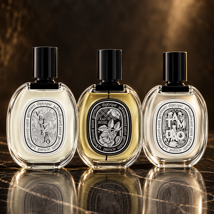Diptyque: Vetyverio Eau de Toilette, Eau Rose Eau de Parfum, Tam Dao — scena su marmo nero