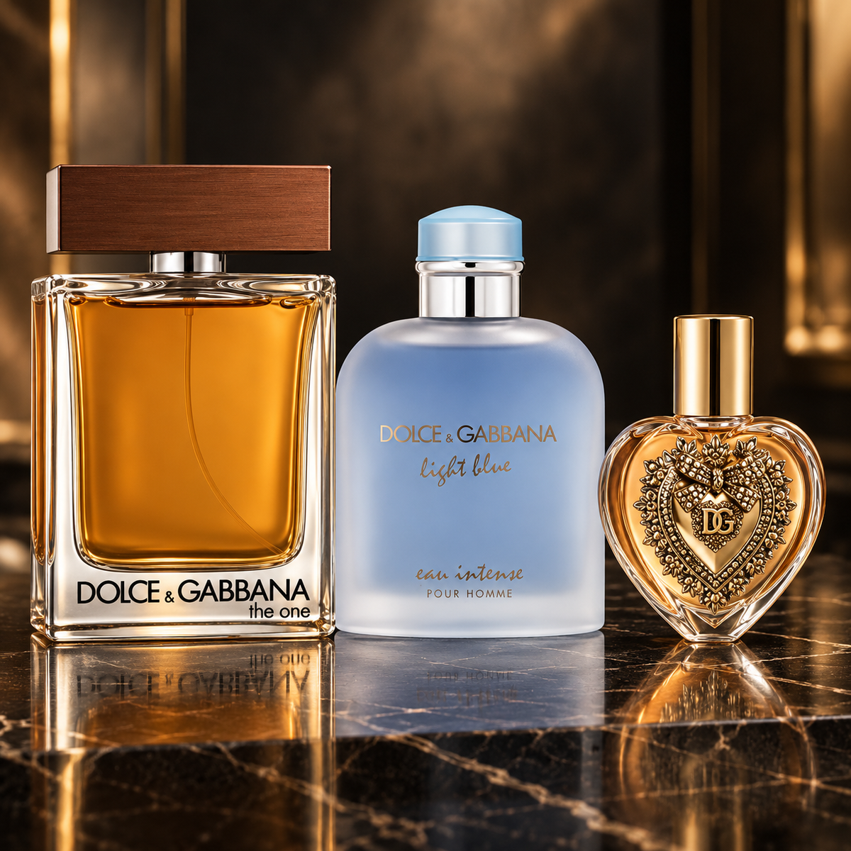 Dolce & Gabbana: The One Pour Homme, Light Blue Eau Intense Pour Homme, Devotion — scena su marmo nero