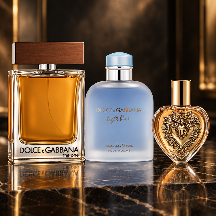 Dolce & Gabbana: The One Pour Homme, Light Blue Eau Intense Pour Homme, Devotion — scena su marmo nero