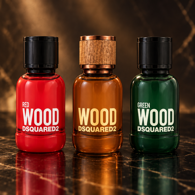 Dsquared2: Red Wood, Wood for Him, Green Wood — scena su marmo nero