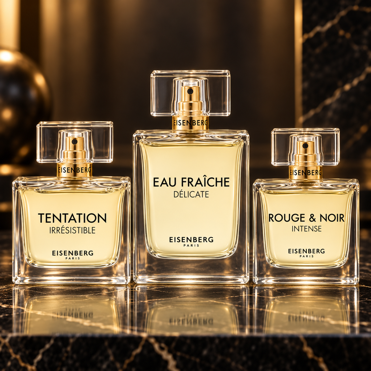 Eisenberg: Tentation Irrésistible, Eau Fraîche Délicate, Rouge & Noir Intense — scena su marmo nero