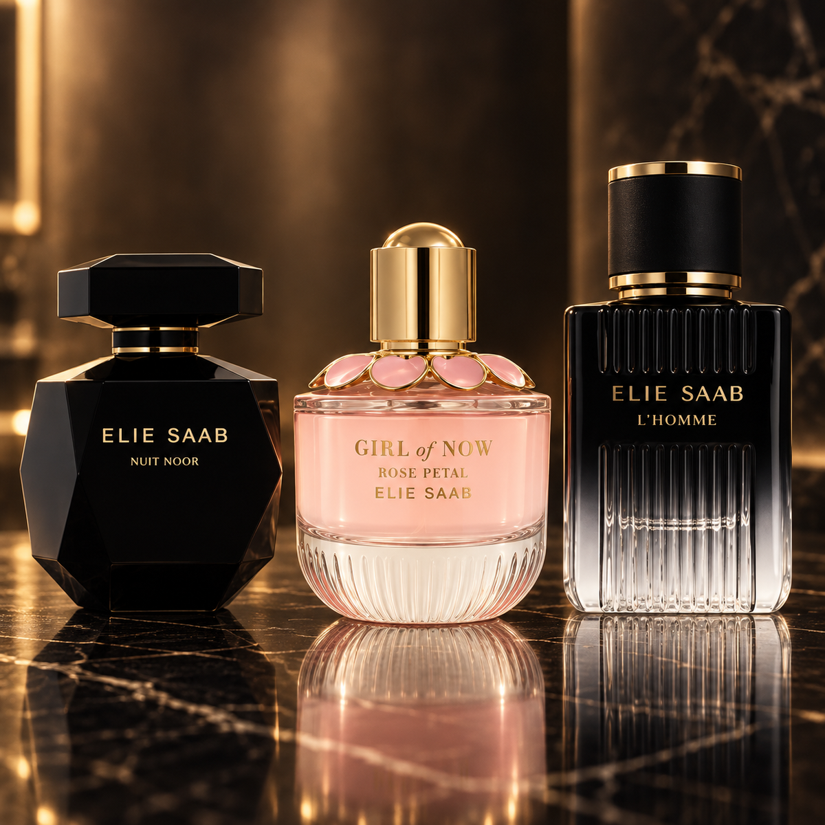 Elie Saab: Nuit Noor, Girl of Now Rose Petal, L'Homme — scena su marmo nero