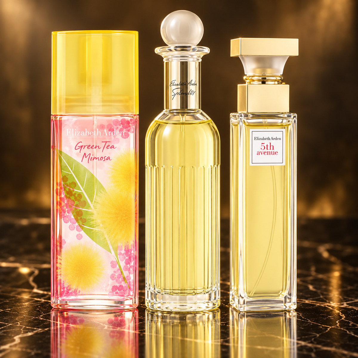 Elizabeth Arden: Green Tea Mimosa, Splendor, 5th Avenue — scena su marmo nero