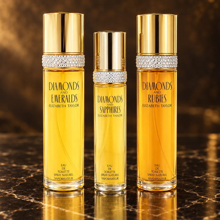 Elizabeth Taylor: Diamonds and Emeralds, Diamonds and Sapphires, Diamonds and Rubies — scena su marmo nero