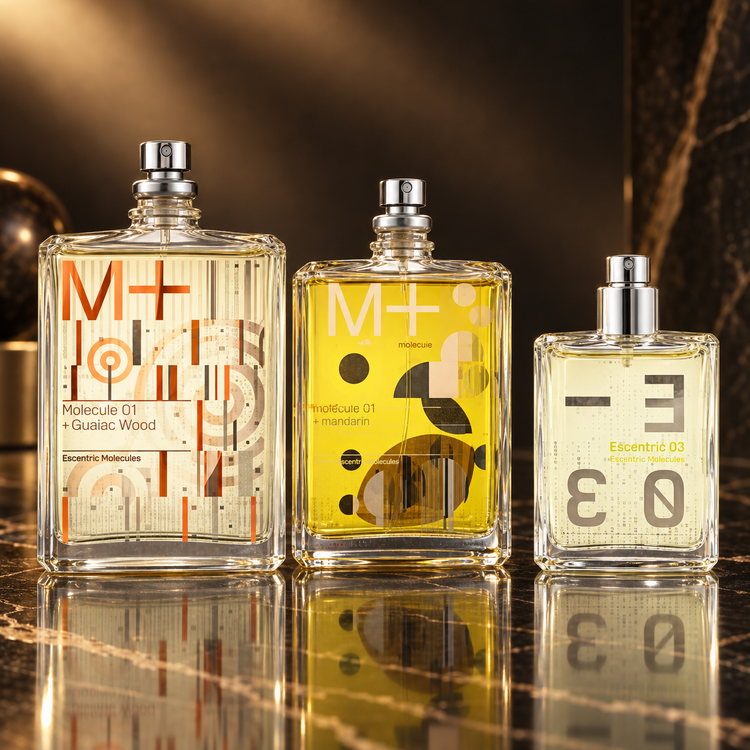 Escentric Molecules: Molecule 01 + Guaiac Wood, Molecule 01 + Mandarin, Escentric 03 — scena su marmo nero