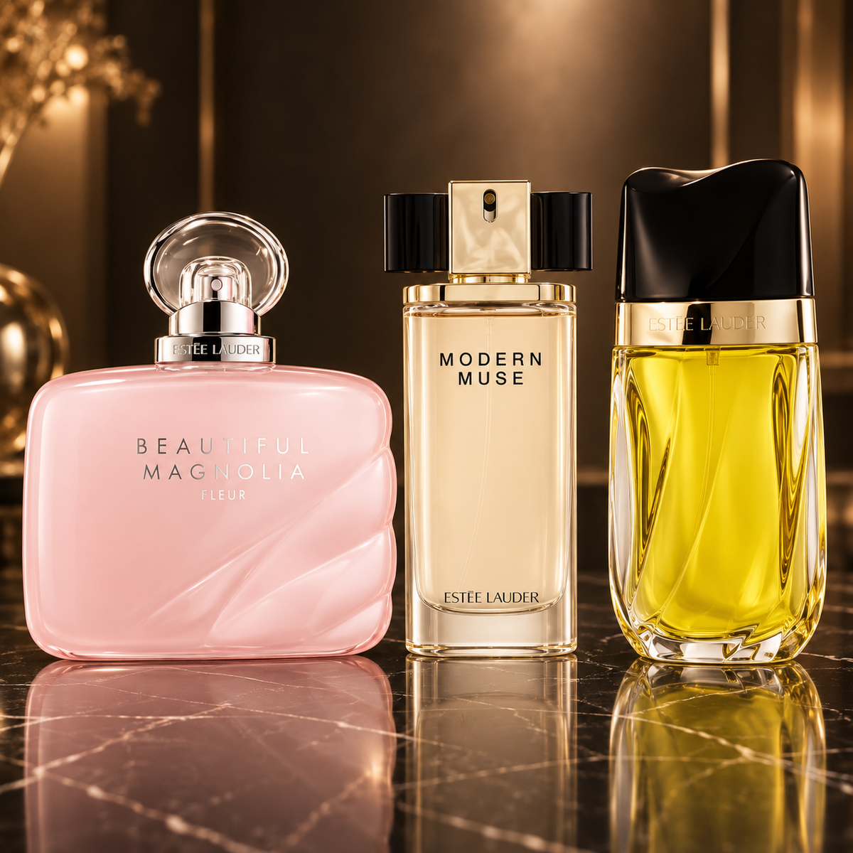 Estée Lauder: Beautiful Magnolia Fleur, Modern Muse, Knowing — scena su marmo nero