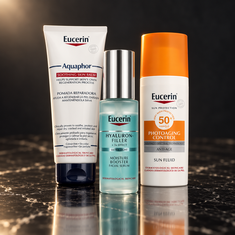 Eucerin: Aquaphor, Hyaluron-Filler + 3x Effect Moisture Booster 30 ml, Sun Photoaging Control – NewBelle