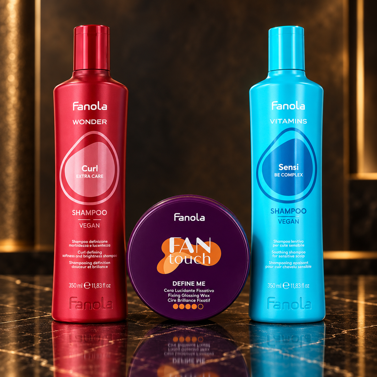 Fanola: Wonder Curl, Fan Touch, Vitamins Sensi Be Complex — scena su marmo nero