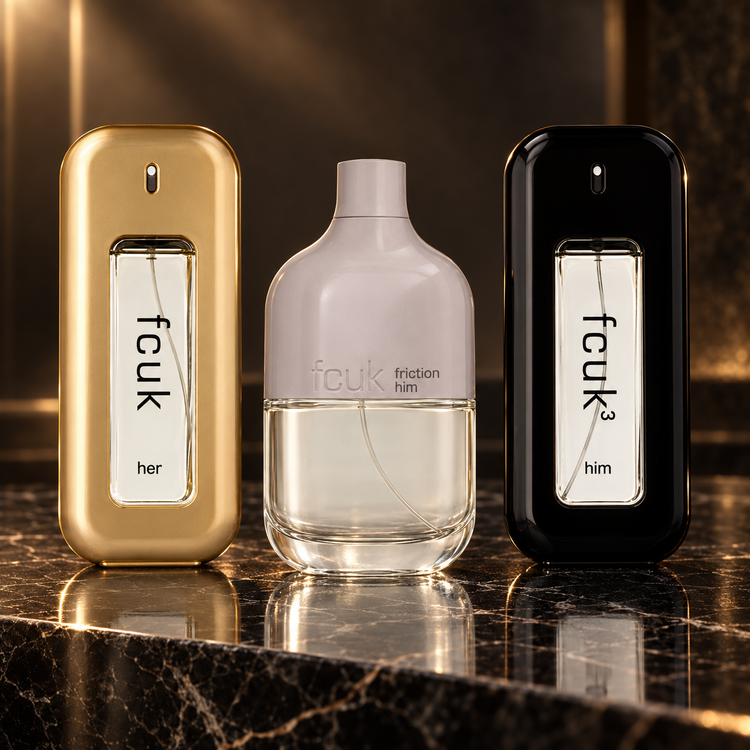 FCUK: FCUK Her, Friction for Men, FCUK 3 for Him — scena su marmo nero