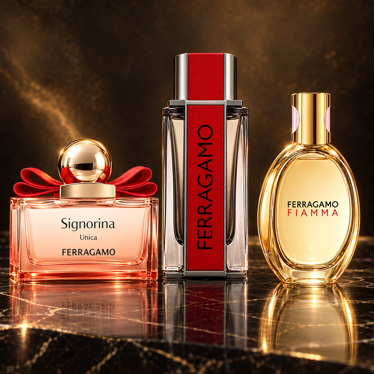 Ferragamo: Signorina Unica, Ferragamo Red Leather, Fiamma — scena su marmo nero