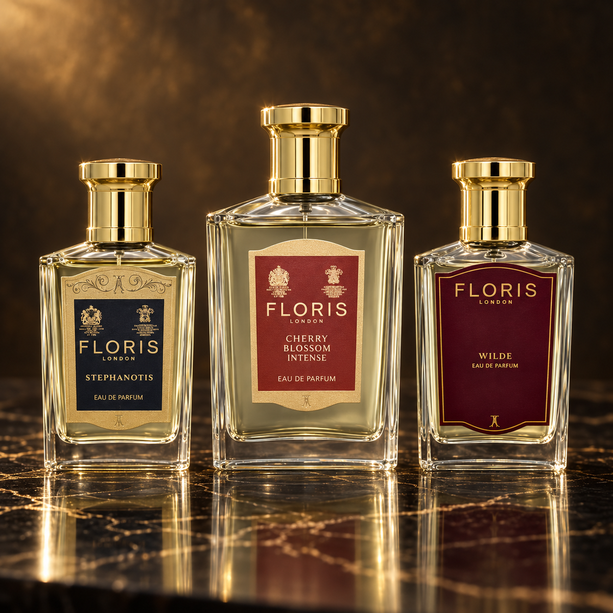Floris: Stephanotis, Cherry Blossom Intense, Wilde — scena su marmo nero
