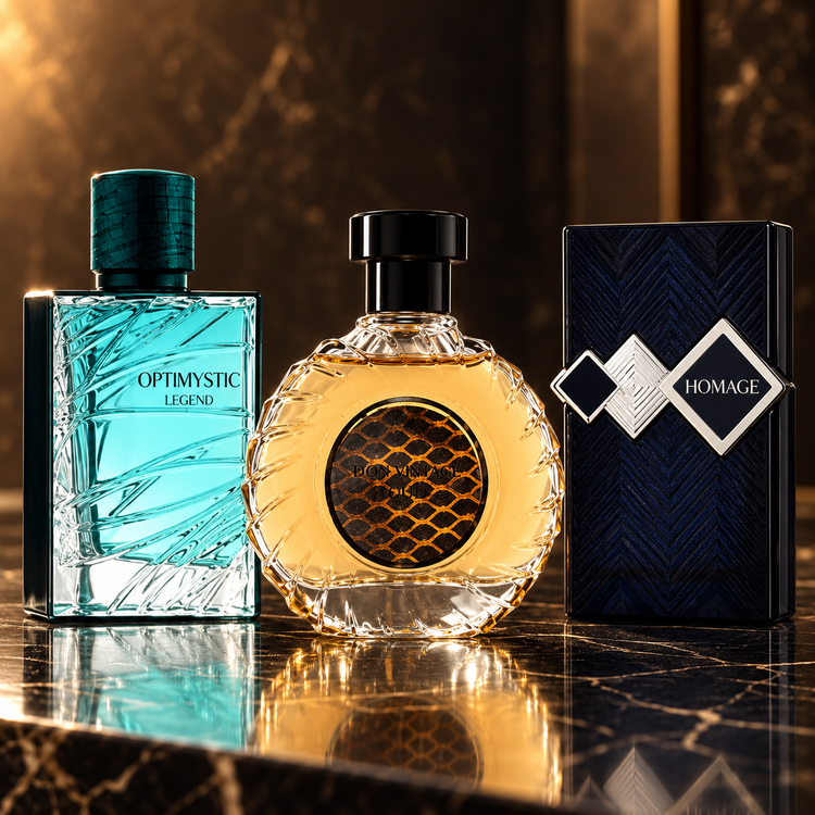 Fragrance World: Optimystic Legend, Homage, Don Vintage Oud — scena su marmo nero
