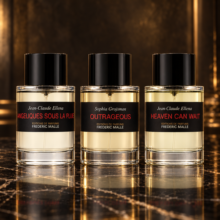 Frederic Malle: Jean-Claude Ellena Angeliques Sous La Pluie, Sophia Grojsman Outrageous!, Jean-Claude Ellena Heaven Can Wait — scena su marmo nero