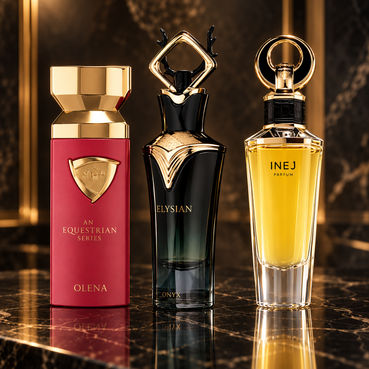 French Avenue: An Equestrian Series Olena, Elysian Onyx, Inej Parfum — scena su marmo nero