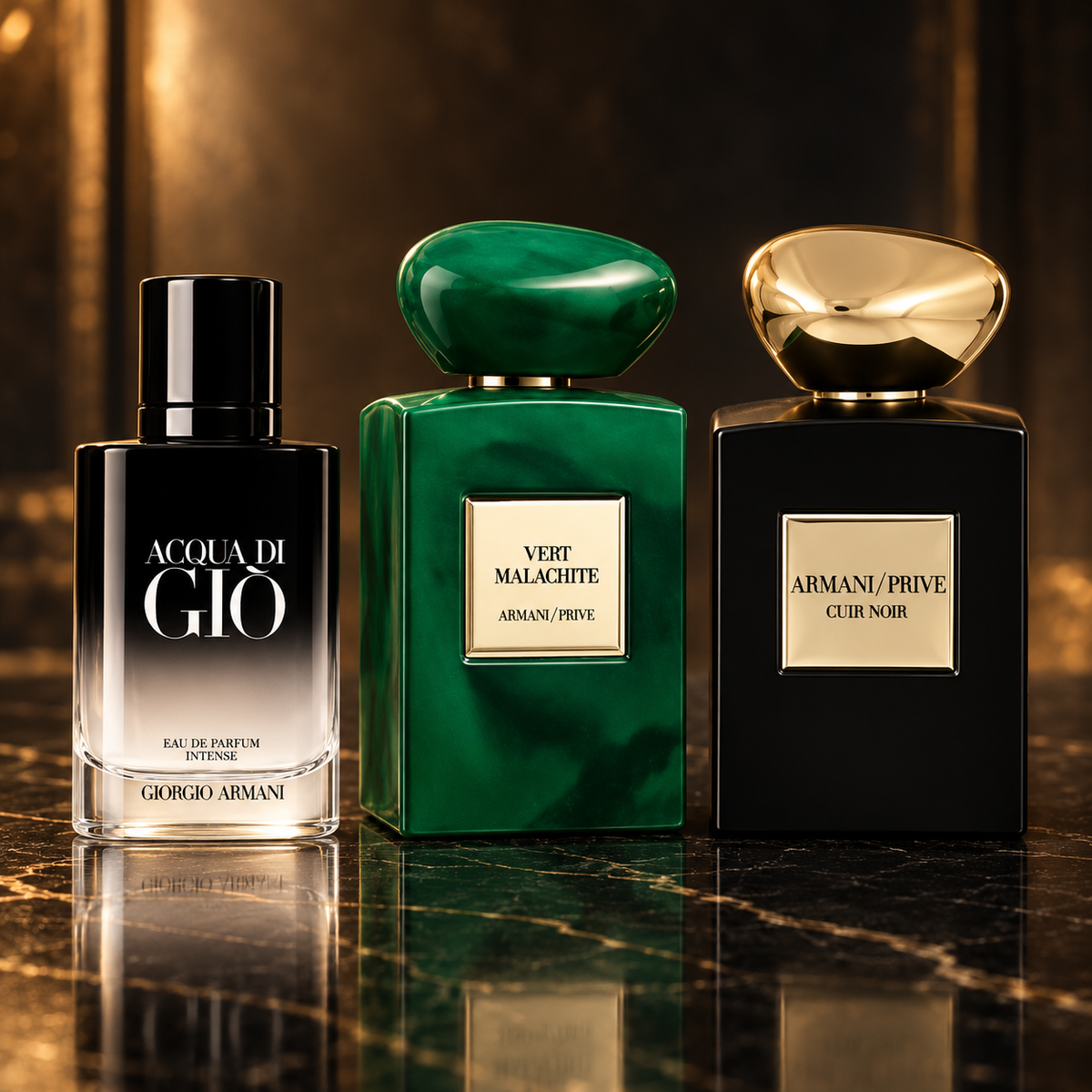 Giorgio Armani: Acqua di Giò Eau de Parfum Intense, Armani/Privé Vert Malachite, Armani/Prive Cuir Noir — scena su marmo nero