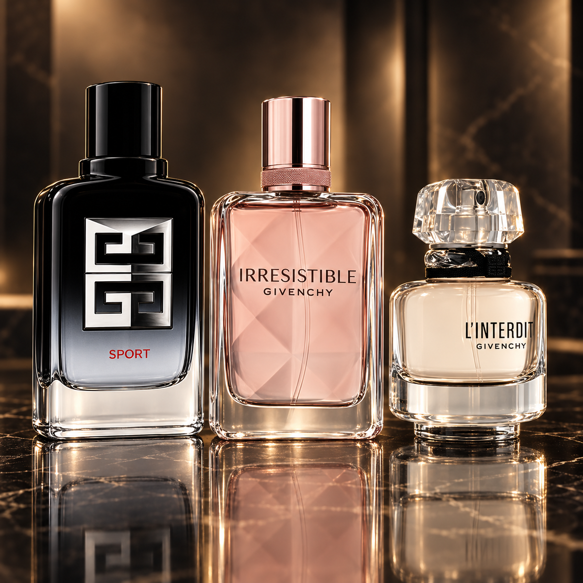Givenchy: Gentleman Society Sport Eau de Parfum (uomo) 60 ml, Irresistible Very Floral, L'Interdit Eau de Parfum — scena su marmo nero