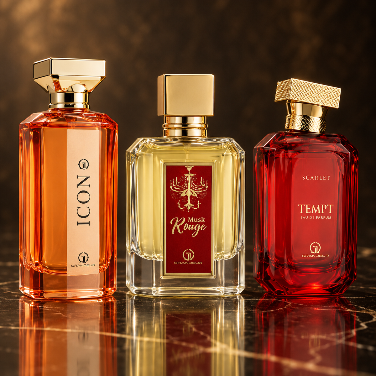 Grandeur: Icon, Musk Rouge, Tempt Scarlet — scena su marmo nero