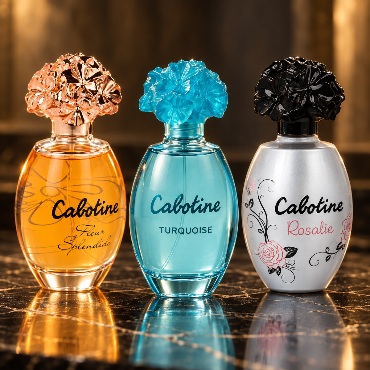 Grès: Cabotine Fleur Splendide, Cabotine Turquoise, Cabotine Rosalie — scena su marmo nero