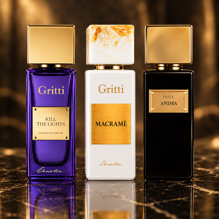 Gritti: Kill The Lights, Macramè Parfum, Privé Anima — scena su marmo nero
