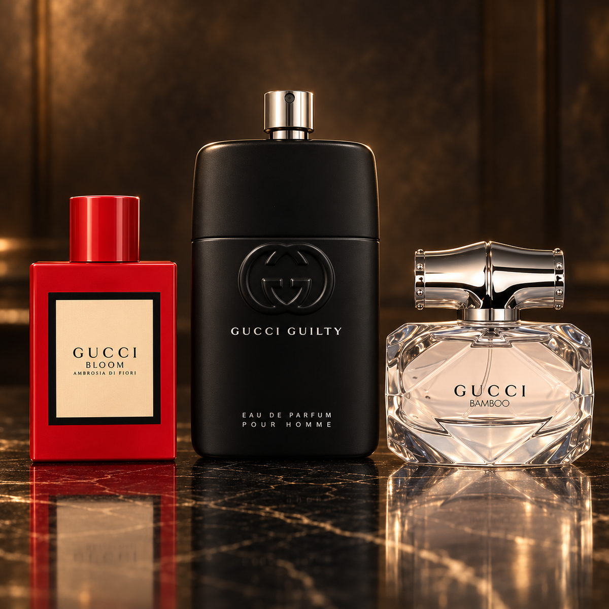 Gucci: Bloom Ambrosia di Fiori, Guilty Pour Homme Eau de Parfum, Bamboo Eau De Toilette (donna) 30 ml — scena su marmo nero