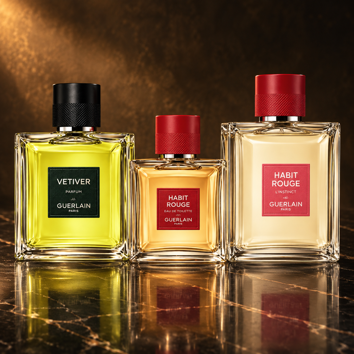 Guerlain: Vetiver Parfum, Habit Rouge Eau De Toilette (uomo) 50 ml, Habit Rouge L'Instinct — scena su marmo nero