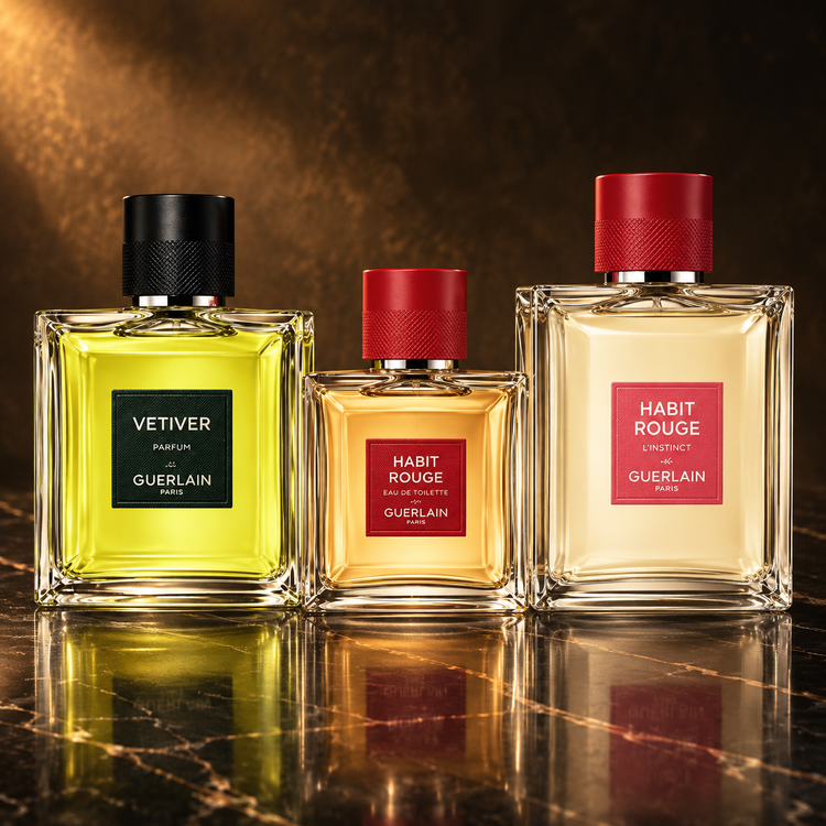 Guerlain: Vetiver Parfum, Habit Rouge Eau De Toilette (uomo) 50 ml, Habit Rouge L'Instinct — scena su marmo nero