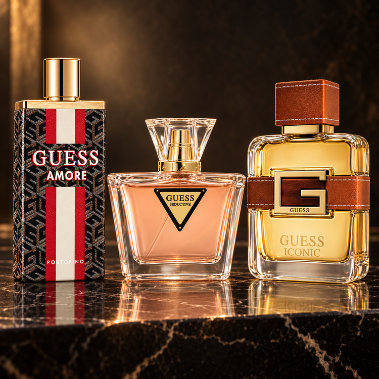 Guess: Amore Portofino, Seductive Sunkissed, Iconic Homme — scena su marmo nero