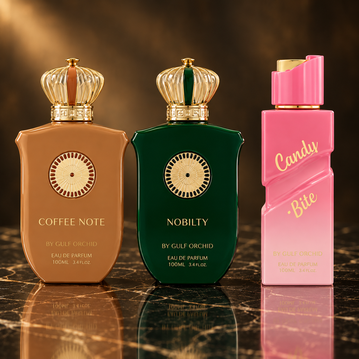 Gulf Orchid: Coffee Note, Nobilty, Candy Bite — scena su marmo nero