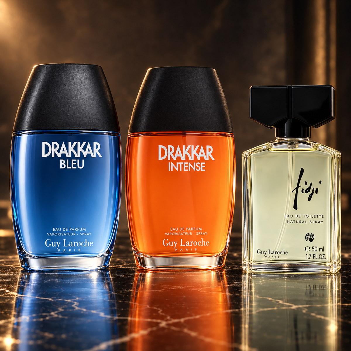 Guy Laroche: Drakkar Bleu, Drakkar Intense, Fidji — scena su marmo nero