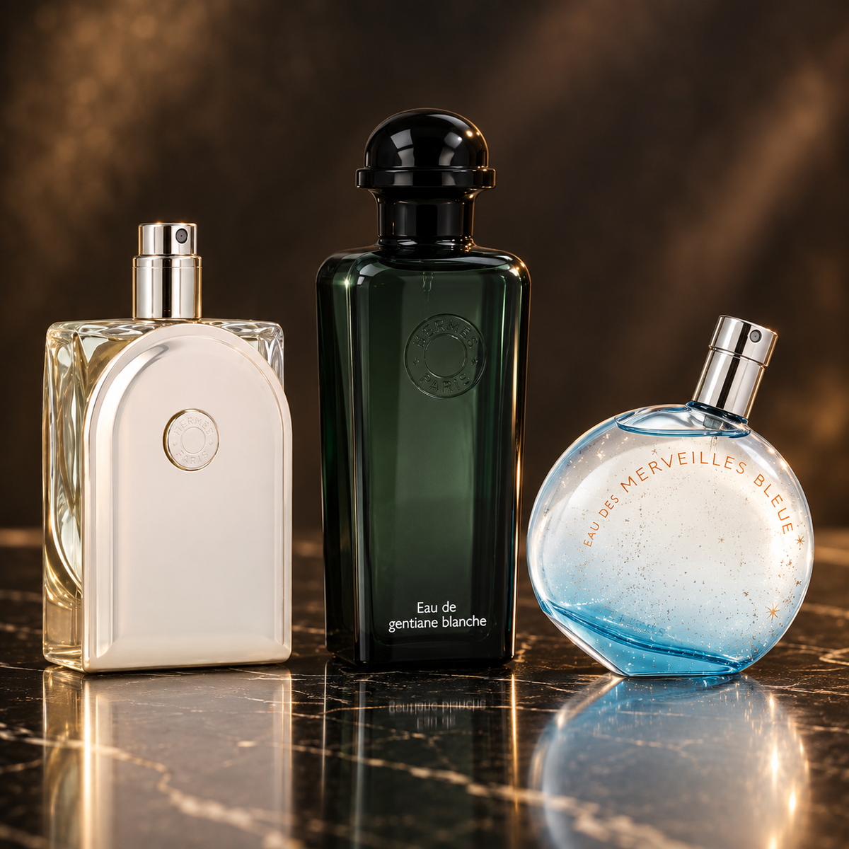 Hermès: Voyage D'Hermès, Eau de Gentiane Blanche, Eau des Merveilles Bleue — scena su marmo nero
