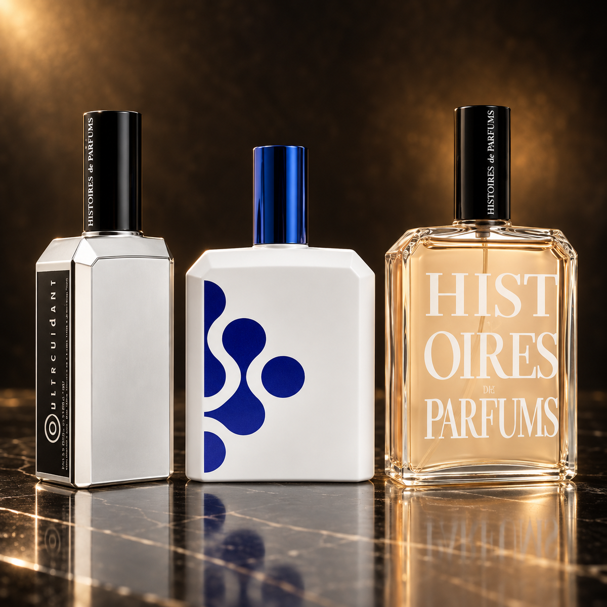 Histoires de Parfums: Outrecuidant, This Is Not A Blue Bottle 1.5, Tubéreuse Nuit Blanche — scena su marmo nero