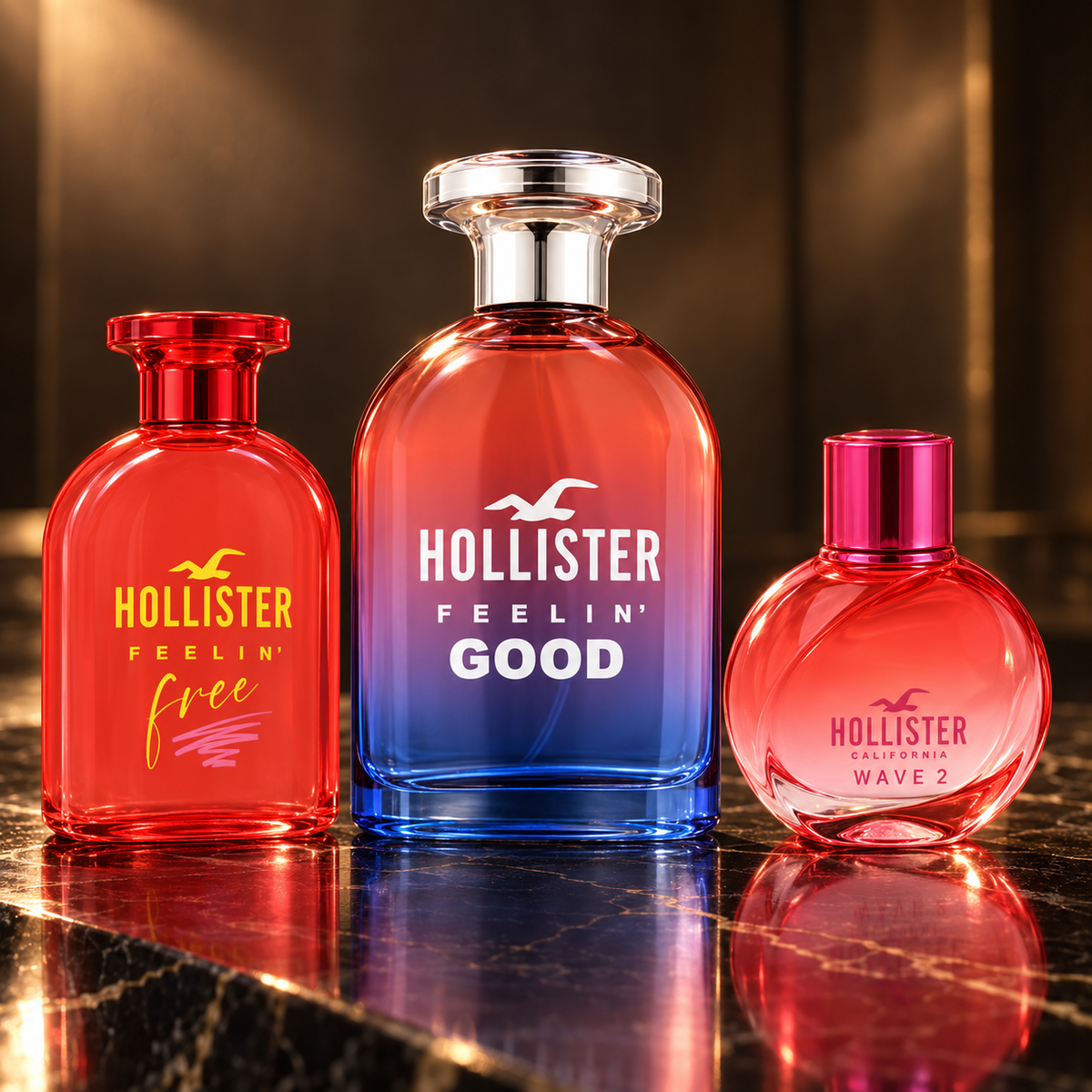 Hollister California: Feelin' Free for Her, Feelin' Good For Her, Wave 2 For Her — scena su marmo nero