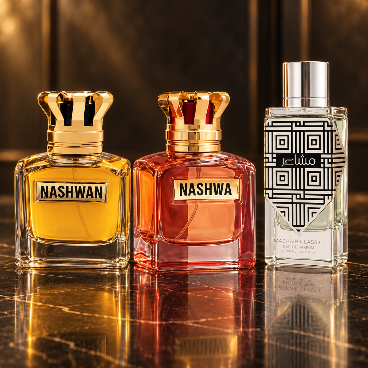 House of Perfumes: Nashwan, Nashwa, Mashair Classic — scena su marmo nero