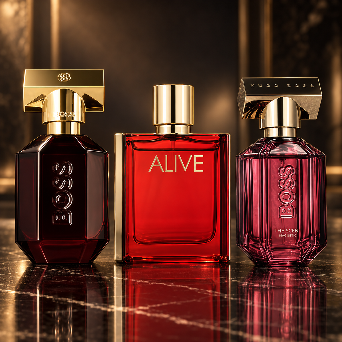 Hugo Boss: The Scent Elixir For Her, Boss Alive Parfum, Boss The Scent For Her Magnetic — scena su marmo nero