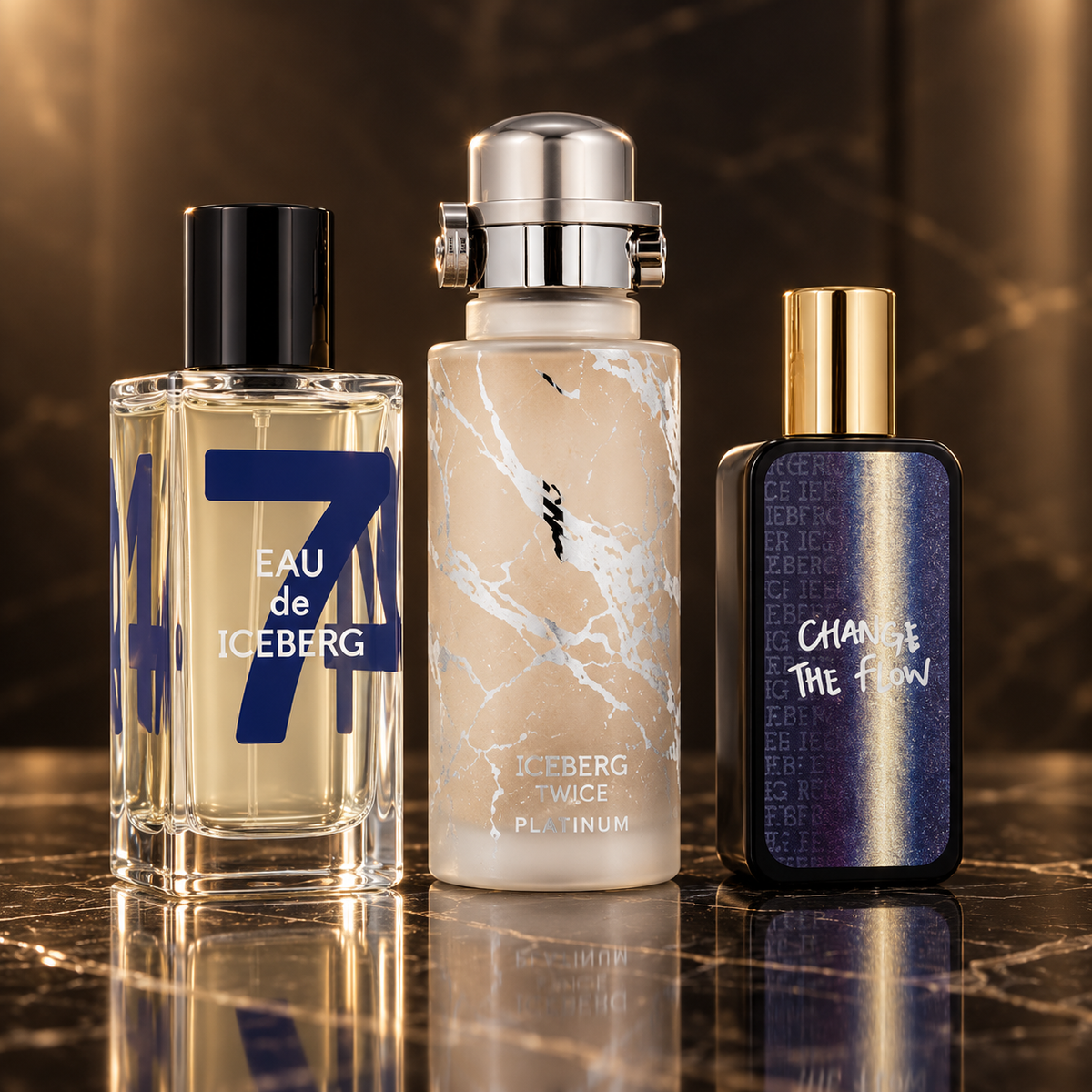 Iceberg: Eau de Iceberg Cedar, Twice Platinum, Change The Flow for Him — scena su marmo nero