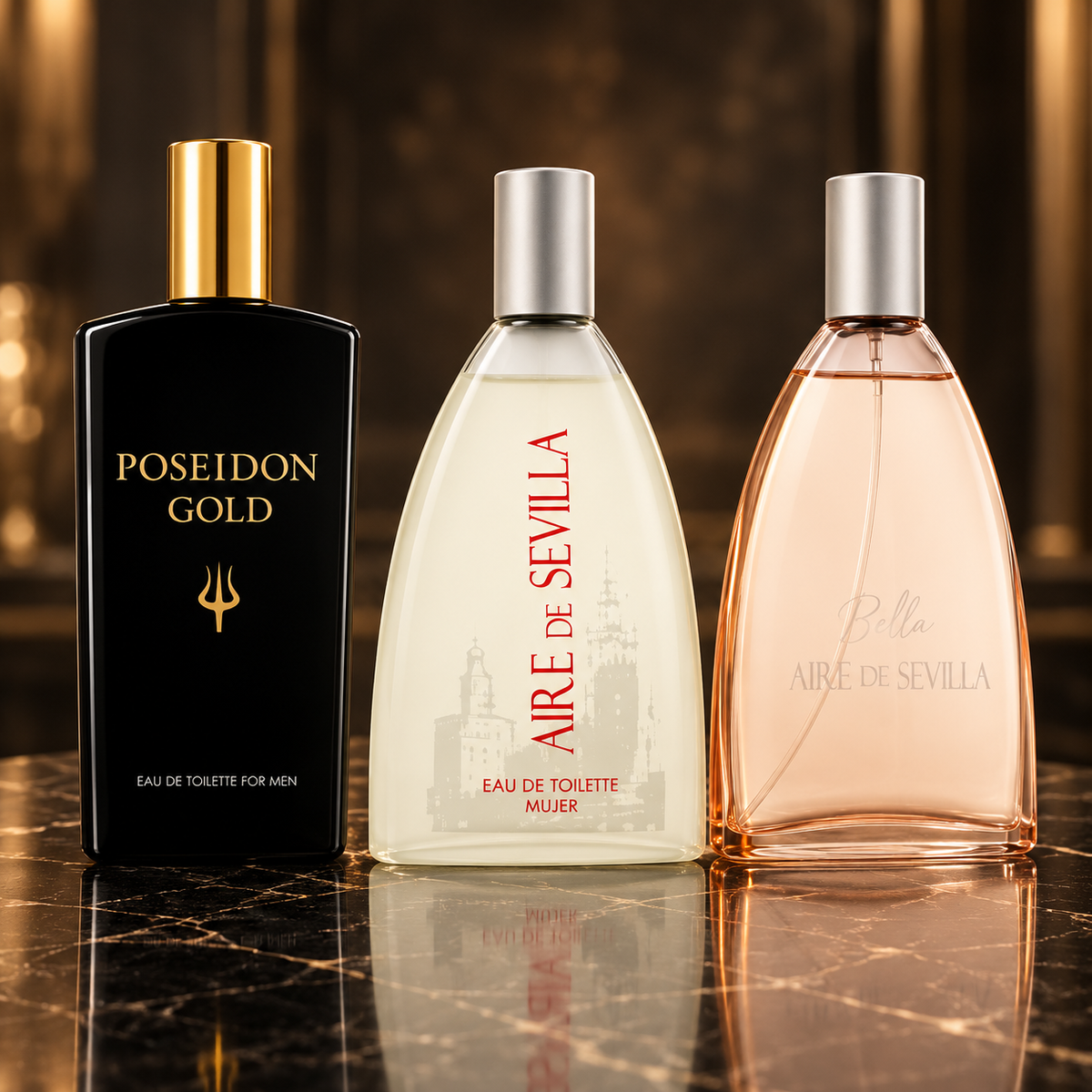 Instituto Español: Poseidon Gold, Aire de Sevilla, Aire de Sevilla Bella — scena su marmo nero