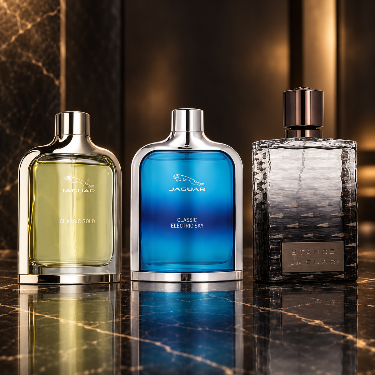 Jaguar: Classic Gold, Classic Electric Sky, Stance — scena su marmo nero